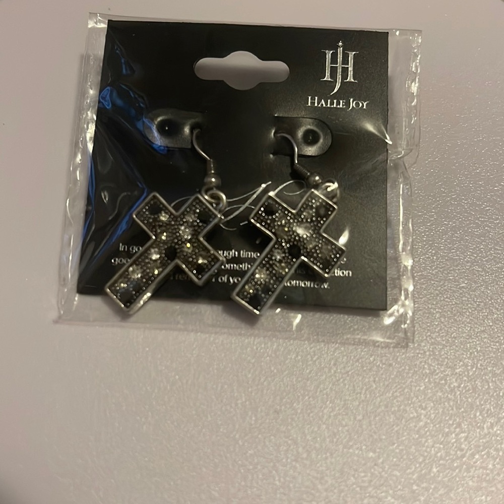 Devotion Cross Earrings Silver With Black & Clear Crystals